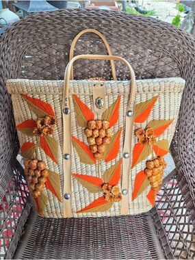 Vintage 60s Handmade XL Straw Tote Basket